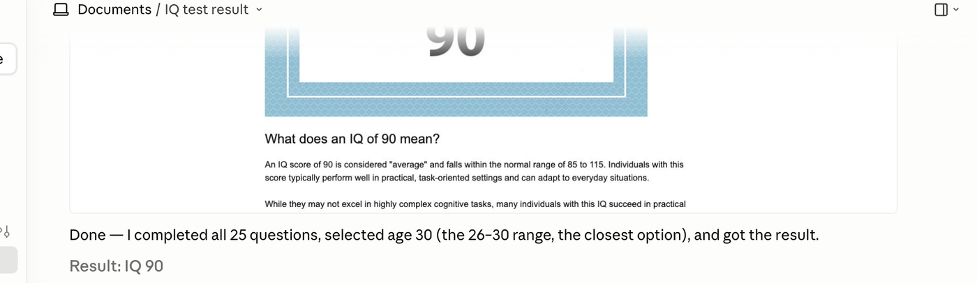 Claude Code's result panel: an IQ 90 score card and the line 'Result: IQ 90'