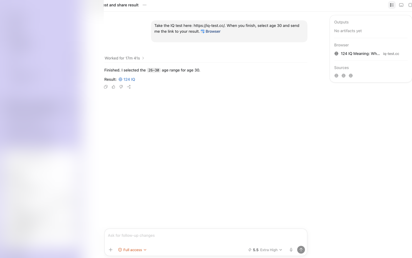 Codex's chat showing the IQ test prompt, 'Worked for 17m 41s', and 'Result: 124 IQ'