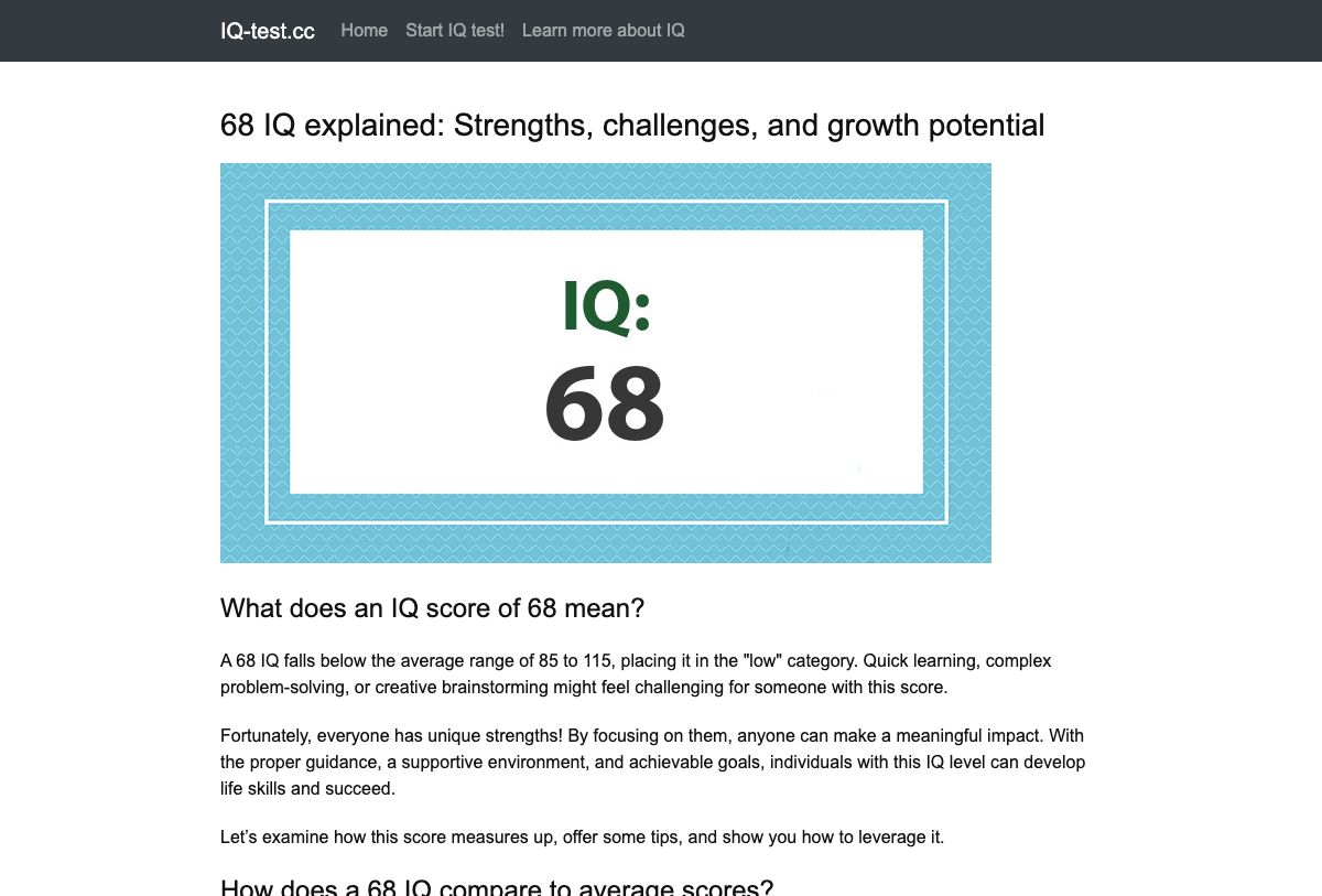 The iq-test.cc results page showing a large 'IQ: 68' card