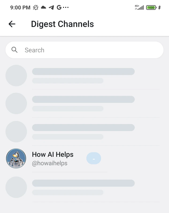La pantalla Digest Channels de Tg Digest muestra canales públicos de IA para seleccionar como fuente del feed.