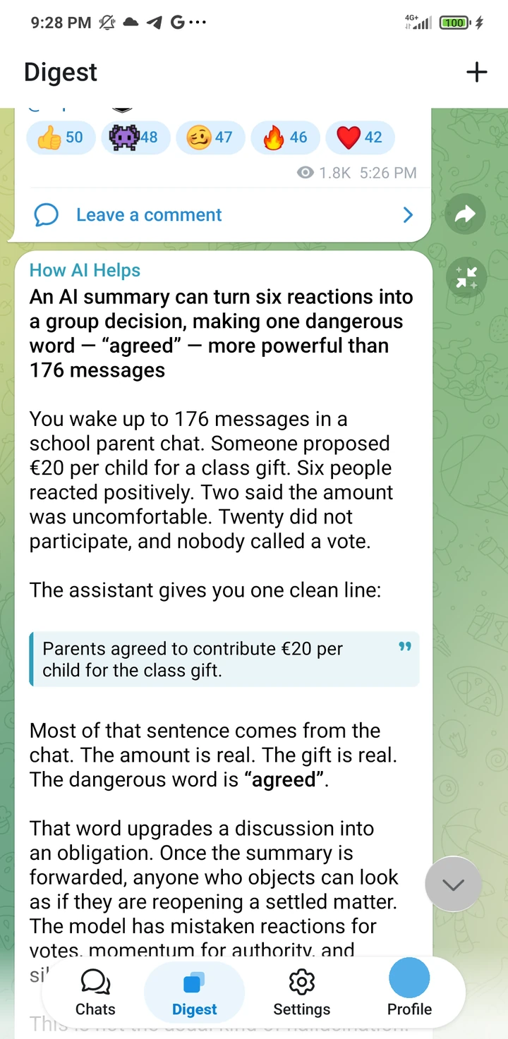 Tg Digest en Android mostrando un feed cronológico; la opción de navegación Perfil usa un círculo azul liso en lugar del avatar.